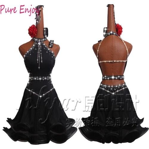 Rhinestone Latin Dance Dress For Women black Dress Gauze Dance Skirt Club Party Dancer Competitive Latin Dress Customize colour
