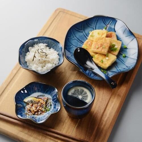 Japanese-Style Ceramic Kiln Turned Lotus Tableware Rice Bowl Dinner Plates Supporting Dish Plate Set Household Hotel Restaurant
