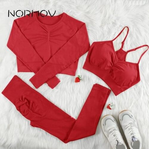 NORMOV 2/3 PCS Gym Set For Women Seamless 11 Colors Hot Yoga Set Long Sleeve Shirts Leggings Push Up Bra High Waist Sports Suits