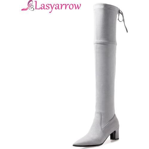 Lasyarrow 2018 Suede Women Over The Knee Boots Stretch Lace Up Sexy High Heels Autumn Woman Shoes Winter Women Boots Size 32-48