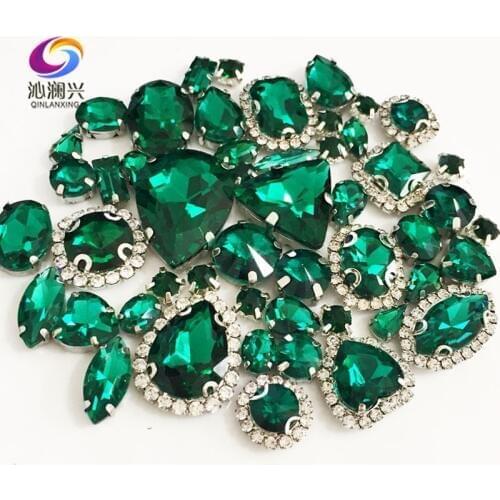 Malachite green Mix size Crystal buckle+claw rhinestone,Silver base galss sew on stones diy/Clothing accessories 50pcs/pack