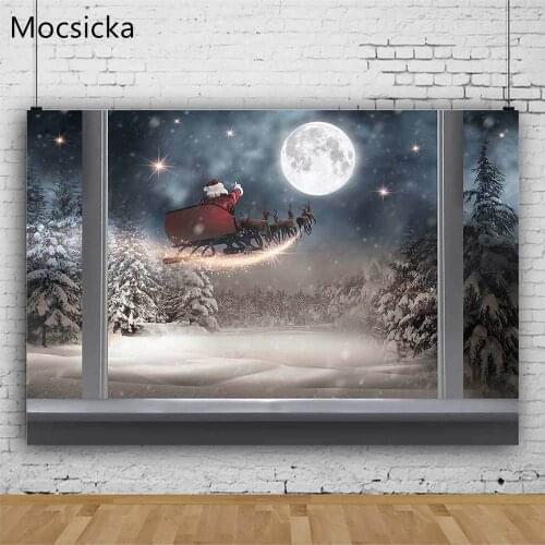 Mocsicka Winter Snow Backdrop for Photo Studio Window Moon Santa Claus Christmas Tree Newborn Child Photography Photo Background