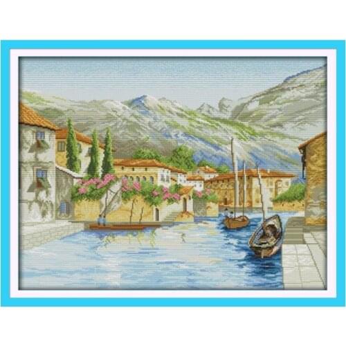 A Lake Side Town Patterns Cross-stitch Sets 14CT 11CT Counted Printed Fabric DIY Handmade Cross Stitch Embroidery Kit Needlework