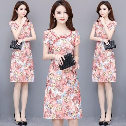 Plus Size Slim Fashion Vintage Floral Print Short Sleeve Knee-Length A-Line Red Blue Summer Holiday Cocktail Dresses