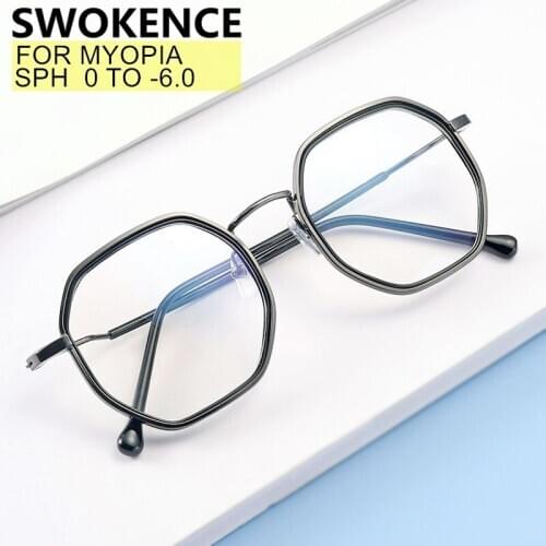 SWOKENCE Myopia Glasses Diopter 0 -0.5 to -6.0 Women Men Elegant Polygonal Frame Prescription Spectacles For Shortsighted F025