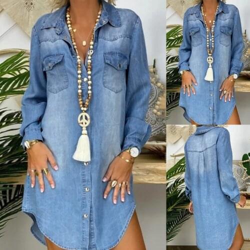 Autumn Mini Dress Long Sleeve Dress Women Fashion Button Shirt Denim Dress Pocket Dress Casual Loose Dress New Oversize Robe
