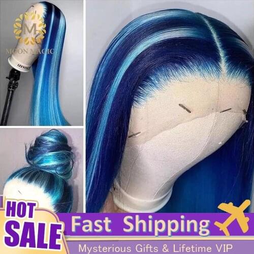 Blue Colored Human Hair Wigs Highlight Bone Straight Blonde 613 Lace Frontal Wig Pre Plucked Transparent Lace Wigs For Women