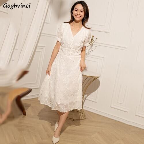 Dress Women V-neck Floral Short Sleeve Korean Style Vintage All-match Lovely Sweet Ladies Elegant Fashionable Slim Leisure Chic