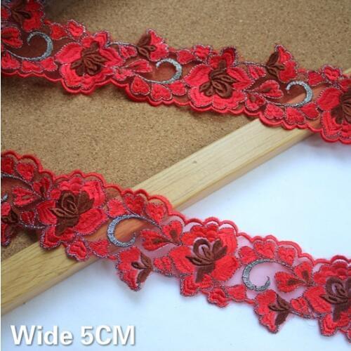 5CM Wide Luxury Red Mesh Flowers Embroidery Laces Trims Lace Applique Guipure DIY Sewing Hats Clothing Skirts Trimmings Decor