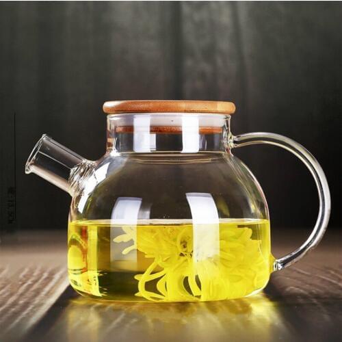 1L bamboo cover filter glass pot heat transparent glass teapot large capacity cold drink glass pot home cold kettle restaurant