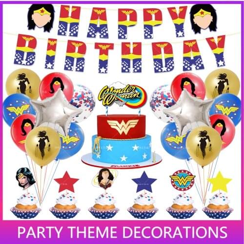 Super Hero Theme Birthday Party Decorations Paper Banner Cake Topper Latex Balloon Super Woman Birthday Party Supplies For Girls