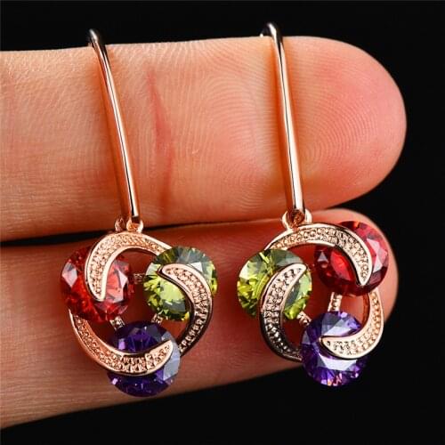 Female Crystal Rainbow Zircon Flower Earrings For Women Yellow Gold Filled Red Purple Green Stone Drop Earrings Wedding Jewelry