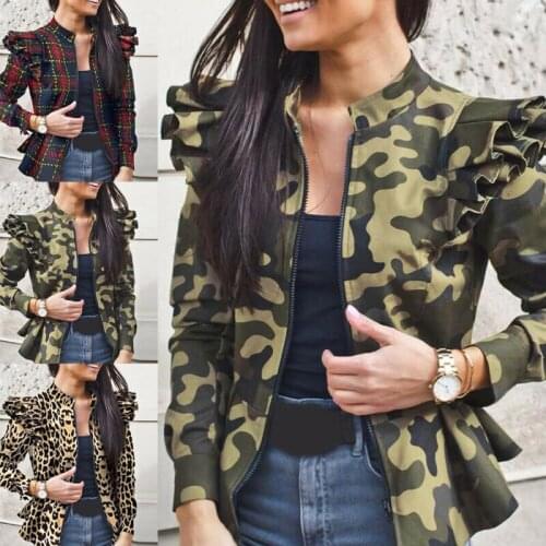 Women Puff Sleeve Patchwork Coat Ladies Casual Printed Zip Up Jacket Tops New Fashion