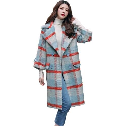 High Quality Blended Woolen Coat Women Lattice Wool Jacket New 2020 Autumn Winter Double Breasted Check Jackets Outerwear K709