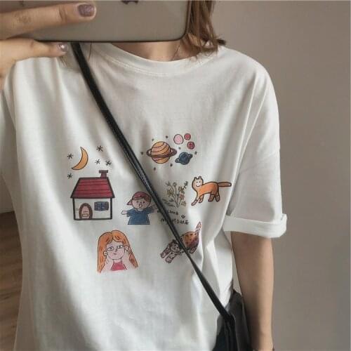 2021 Women Summer O-Neck T Shirts Short Sleeve Cartoon Print Women Cotton Tops Loose Style Women Casual Tees
