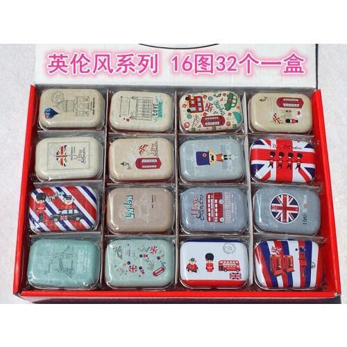 32pc/lot !Cartoon English style Mini cover Iron tin case / can/ Pill pencil box / small Kit/candy storage gift box