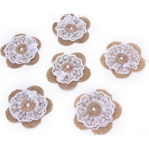 5pcs Natural Burlap Flowers Handmade Lace Burlap Flowers Burlap Ribbon for Christmas Birthday Party Wedding Embellishment
