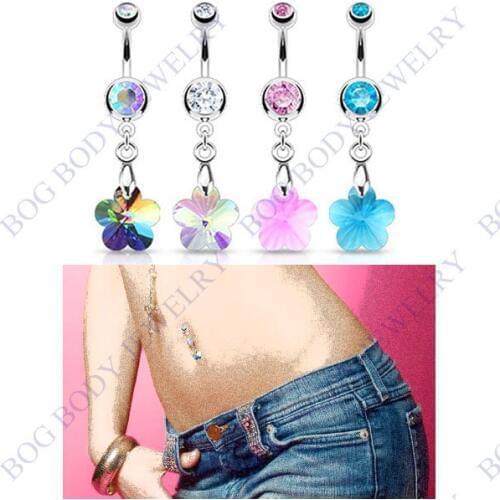 BOG-Lot 4 Pcs Assorted Color 316L Surgical Steel Belly Button Navel Piercing Ring With AB Crystal Ray Prism Flower Dangle