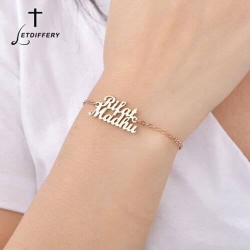 Letdiffery Custom Double Names Bracelet Stainless Steel Gold Personlized Nameplate Men Women Birthday Anniversary Jewelry Gift