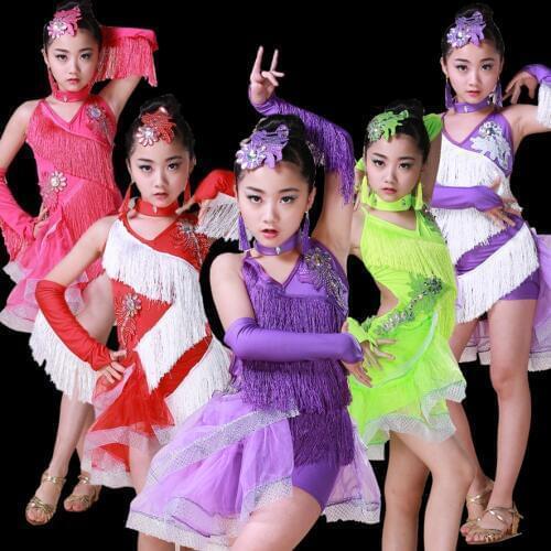 Childrens Professional Dancing Dresses Girls Salsa Dresses Multicolor Latin Dance Dress for Kids Latin Practice Wear for Girls
