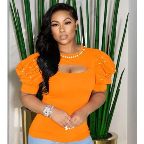 Beading Embellished Short Puff Sleeve Round Neck Slim Fit T-shirts for Women Summer Fashion Hollow Out Front Stretchy Top Tees