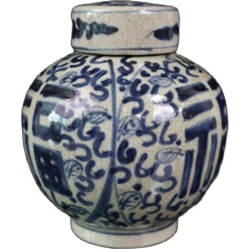 Chinese Old Porcelain Cracked Glaze Blue And White Fu Word Pattern Pot