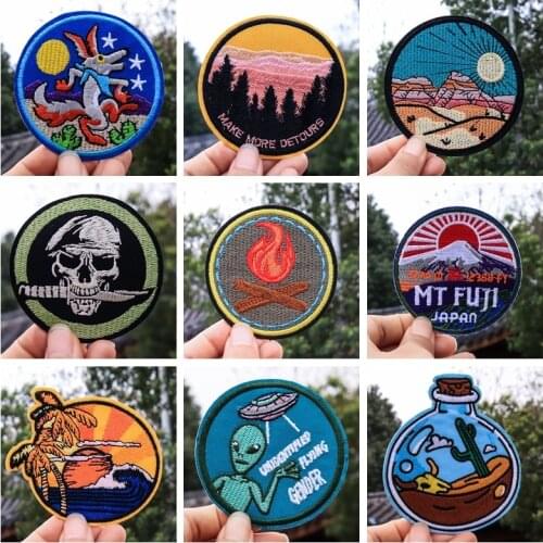 Mount Fuji, Japan Drifting bottle Embroidery Patch Tactical Emblem Appliques Forest dusk Embroidered human skeleton Badges