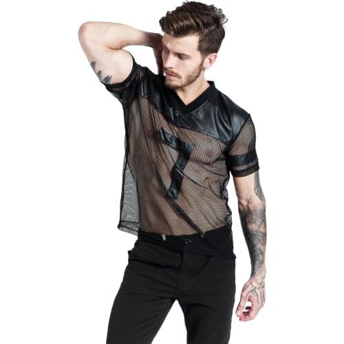 Mens PU Leather T-Shirts Men Sexy Fitness Tops Gay T-shirt Tees Mens Stage T-shirt V-Neck Sexy Men Casual Mesh Clothes Clubwear