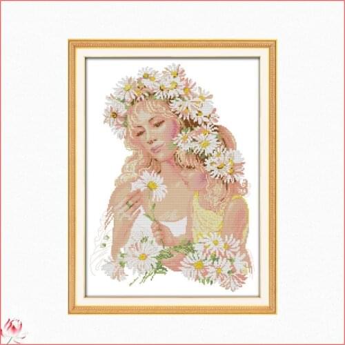 Joy Sunday Mother And Daughter With Flowers Cross Stitch Kit 14ct 11ct Printed Fabric Embroidery Kit DIY Handmade Needlework