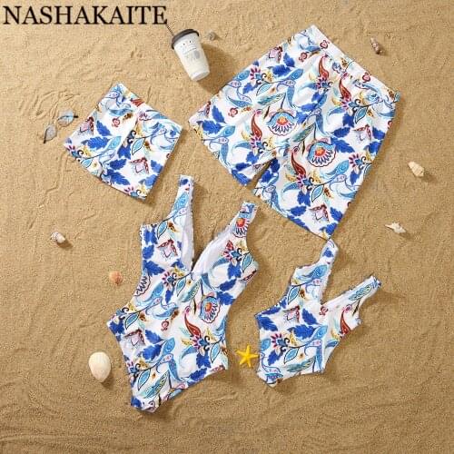 NASHAKAITE Family Matching Swimwear 2021 Summer Ruffles Blue Printed Swimwear Mother and Daughter Clothes Mommy and me Swimsuit