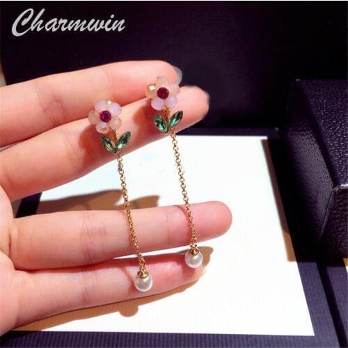 New Fashion Korean Dangle Earrings For Women Long Earrings Rhinestone Flower Dual-use Tassel Earrings Female