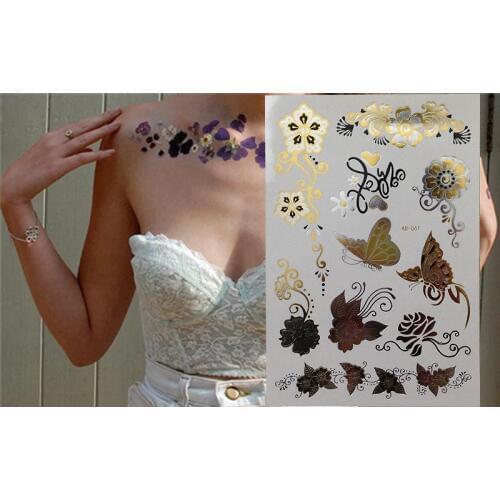 2017 New Arrival Sexy body art Golden flowers and butterfly Temporary Tattoos, Metallic Waterproof Flash Tattoos