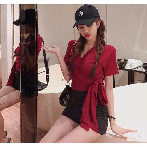 Wenfly Women Tops V-Neck Short Sleeve Bandage Cotton T-shirt Summer Korean Casual Clothes Harajuku Ukraine Femme