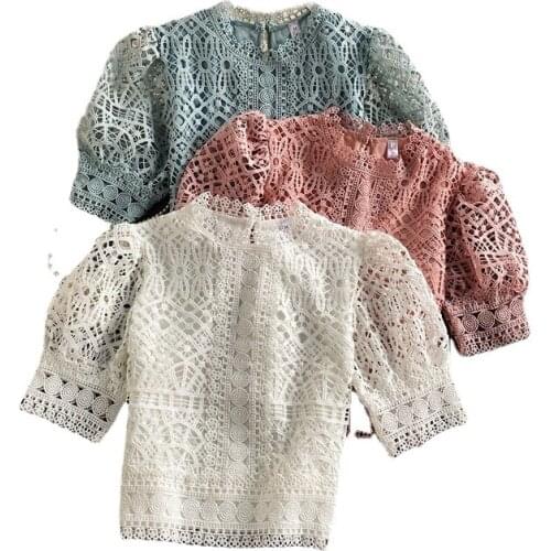 Sweet Lady Short Crochet Lace Shirt New Summer Puff Sleeve Pink White Crop Top Crochet Hollow Out Fairy Blouse Fashion Clothing