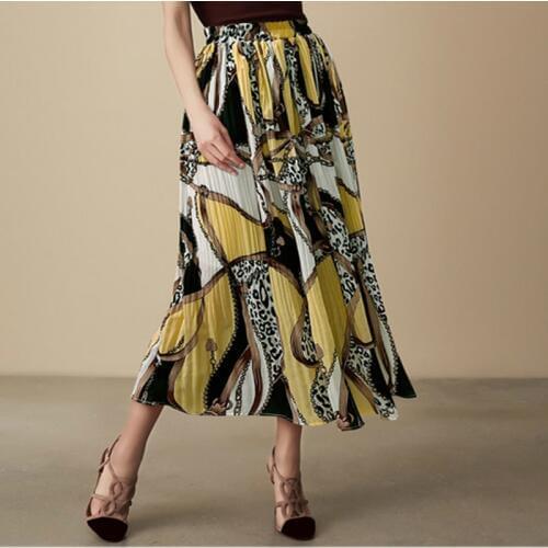 2020 Fashion Women Skirts Long Korean Pleated Female Plus-Size Elascity High-Waist Vintage Sexy Chiffon Printing Big Skirt