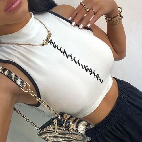 Womens Stretchy Tank Tops Trendy Mock Neck Sleeveless Letter Print Slim Fit Crop Tops