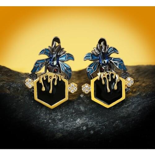Unique Design Stud Earrings for Women Bee Animal Earring 925 Silver Animal Jewelry Party Cocktail Ladies Ear Stud Black Gold