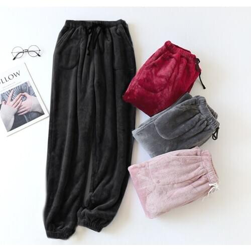 Women Winter Thickened Warm Flannel Pajama Pants Close-up Leg-cutting Home Trousers High Waist Loose Coral Fleece Sleep Bottoms