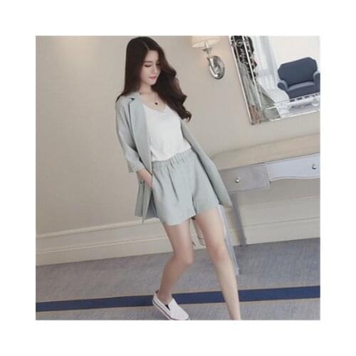 Womens set suit cotton two pieces female set casual tracksuit outfits loose blazer coat+elastic waist wide leg shorts suits