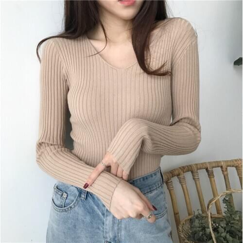Women Sweater Slim V-Neck Bottoming Sweaters Solid Color Winter Basic Long Sleeve Top Pullover for Women Korean Knitted Sweater