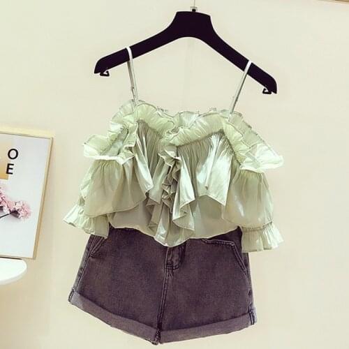 Slash Neck Fungus Tops Womens 2020 Summer Off-Shoulder Short Sleeve Chiffon Shirt Sexy Strap Flounced Shirt Seaside Beach Shirt