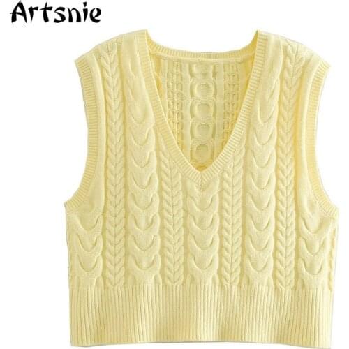 Artsnie Spring 2021 Yellow Sweater Vest Women V Neck Sleeveless Pull Femme Streetwear Casual Knitted Ladies Sweater Vest Jumper