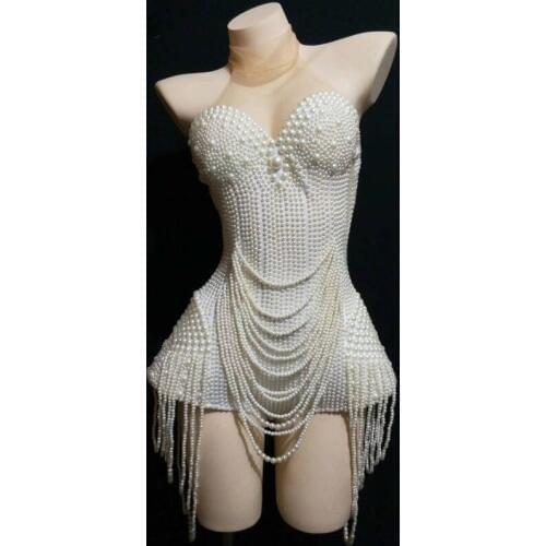 White pearl bodysuit women singer stage show costume sexy Bar Nightclub DJ Performance Jumpsuit