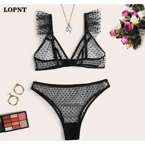 LOPNT Ladies New Bras Set Polka-Dot Sling Sexy Lingeries Lace Three-Point Sexy Suit With Garter Belt Comfortable Lace Underwears
