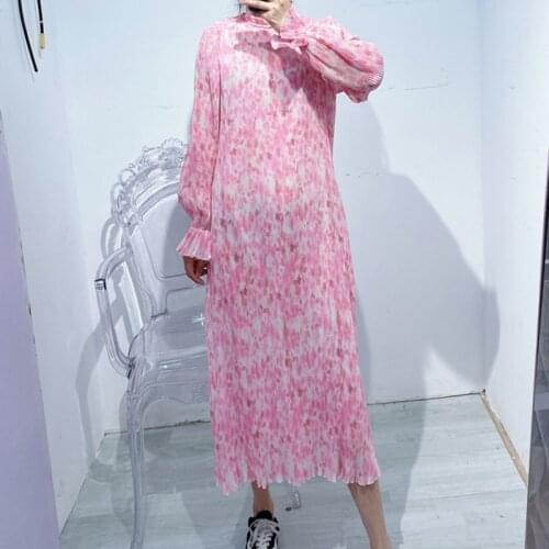 Women Pleated Pink Midi Dress Lady Long Sleeve Slim Floral Flare Sleeve Stand Collar Holiday Ruffles Trim Long Dresses 2021 New