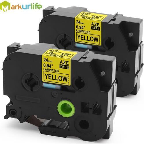2 Packs Laminated Tape TZE651 Tze651 TZe-651 for Brother P-Touch Labeler Adhensive tze651 ( Black on Yellow, 24mm x 8m)