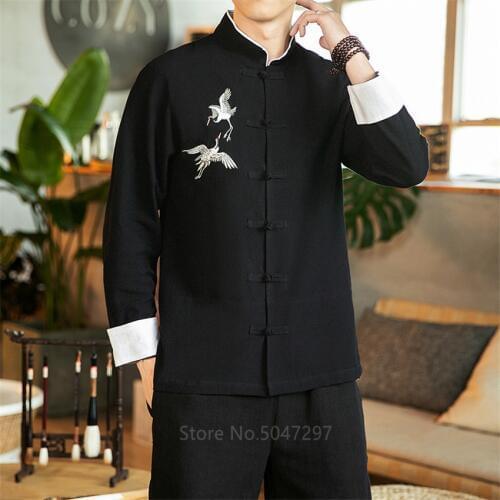 2020 New Year Traditional Chinese Top for Men Embroidery Long Sleeve Solid Flax Hanfu Kung Fu Men Clothing Shirt Plus Size M-5XL
