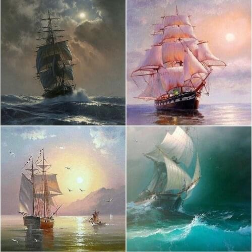 5D DIY Diamond Painting Sailboat Sea Cross Stitch Kits Full Drill Square Embroidery Landscape Mosaic Art Picture of Rhinestones