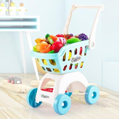 34pcs/set Kids Large Supermarket Shopping Cart Trolley Push Car Toys Basket Simulation Fruit Food Pretend Play House Girls Gifts