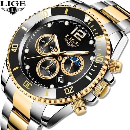 LIGE Top Brand Luxury Fashion Diver Watch Men Waterproof Date Clock Gold Blue Watches Mens Quartz Wristwatch Relogio Masculino